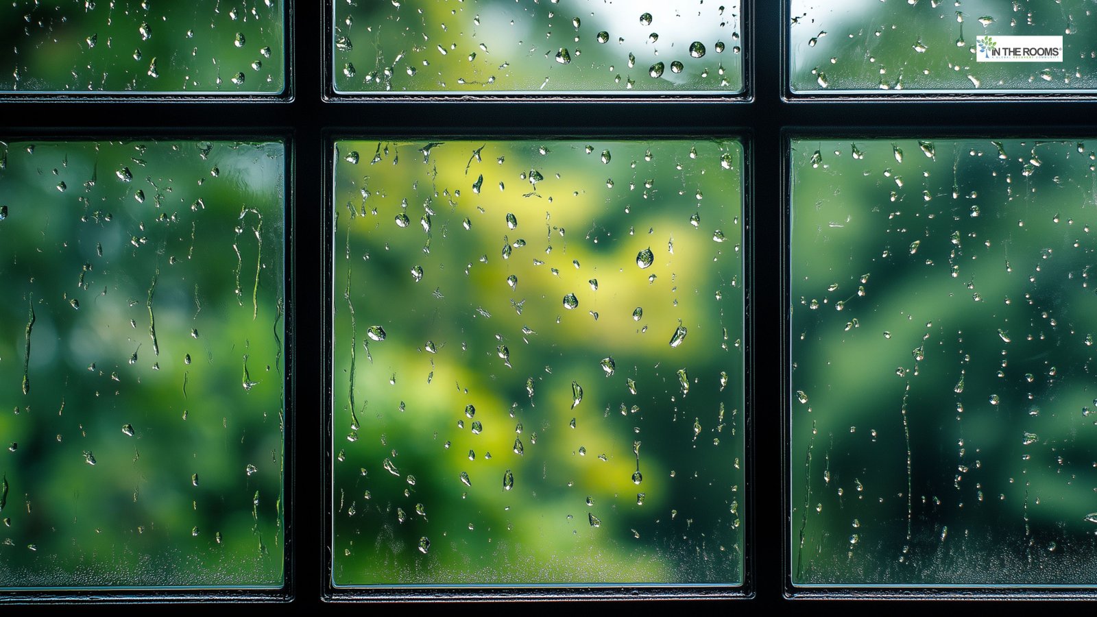 Window with water droplets and blurred greenery outside, symbolizing changing weather conditions.