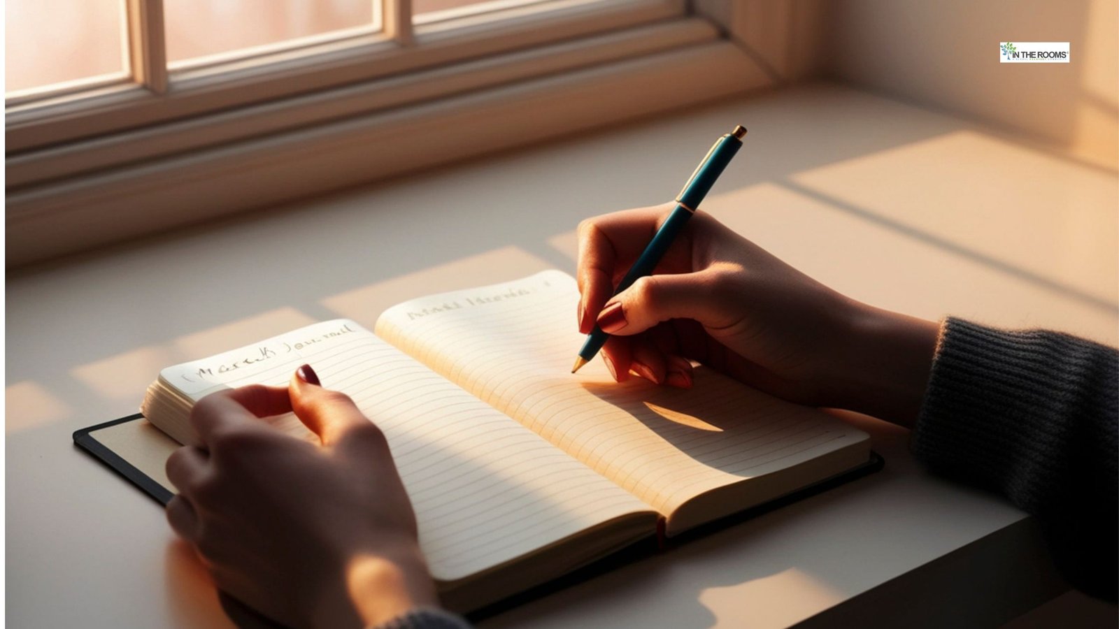 Person writing in a journal by a window at sunset, representing journaling in recovery as a reflective practice.