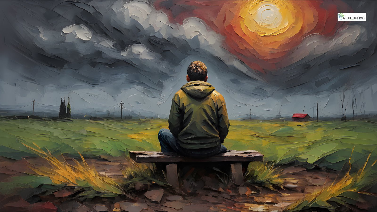 A person sitting alone on a bench in an open landscape, facing dark clouds and a rising sun, symbolizing reflection, struggle, and hope in recovery.